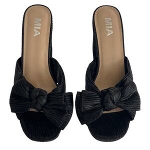 MIA Black Knotted Bow Slide Mules Heels Sandals 7.5 NWT